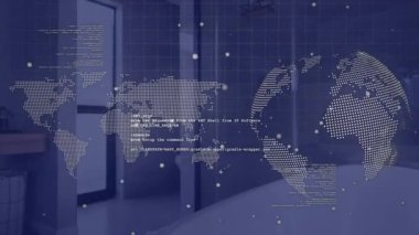 Küre animasyonu, dünya haritası ve banyoda veri işleme. Küresel iç tasarım ve emlak konsepti dijital olarak oluşturulmuş video.
