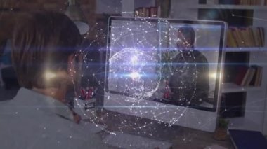 Animation of connections with globe over caucasian man having video call on laptop. Network, connections, communication and technology concept digitally generated video.