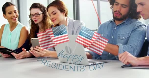 Animation Flags Usa Happy Presidents Day Diverse Businesspeople Office American — Stockvideo