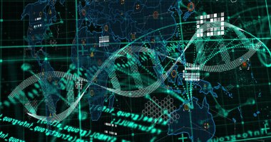 Siyah arka planda dünya haritasında DNA ipliği ve veri işleme resmi. Küresel teknoloji, bilgisayar ve dijital arayüz kavramı dijital olarak oluşturulmuş görüntü.