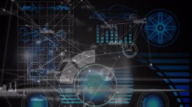 Siyah dijital ekrandaki bağlantıların ve çeşitli verilerin animasyonu. küresel bağlantılar, bilim, teknoloji ve dijital arayüz konsepti dijital olarak oluşturulmuş video.