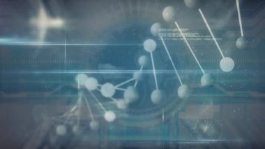 Veri işleme üzerinde dönen DNA iplikçiklerinin canlandırması. küresel bilim, bağlantılar, veri işleme ve dijital arayüz kavramı dijital olarak oluşturulmuş video.