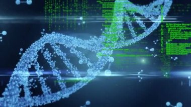 3D DNA iplikçikleri üzerinde veri işleme animasyonu dönüyor. küresel bilim, hesaplama, veri işleme ve dijital arayüz kavramı dijital olarak oluşturulmuş video.