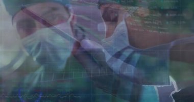 Stock market data processing over male and female surgeons performing operation at hospital. Medical healthcare and technology concept