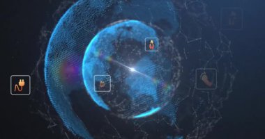 Dünya ve veri işleme üzerinde ekolojik simgelerin animasyonu. Küresel çevre, ekoloji, sürdürülebilirlik ve veri işleme kavramı dijital olarak oluşturulmuş video.