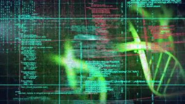 Siyah arka planda çeşitli veri işleme ve DNA 'ların animasyonu. Bilim, insan biyolojisi, veri işleme ve teknoloji konsepti dijital olarak oluşturulmuş video.