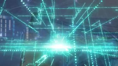 Şehir manzarası üzerinde neon 3 boyutlu geometrik şekillerin animasyonu. küresel mühendislik, bağlantılar ve dijital arayüz konsepti dijital olarak oluşturulmuş video.