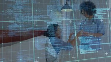 Animation of data processing over female doctor with senior patient. Senior healthcare concept digitally generated video.