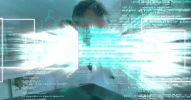Animation of scientific data processing over caucasian male lab worker. health, medicine, science and technology concept digitally generated video.