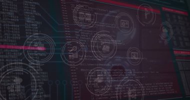 Siyah arkaplan üzerindeki veri işleme simgelerinin resmi. Küresel teknoloji, bilgisayar ve dijital arayüz kavramı dijital olarak oluşturulmuş görüntü.