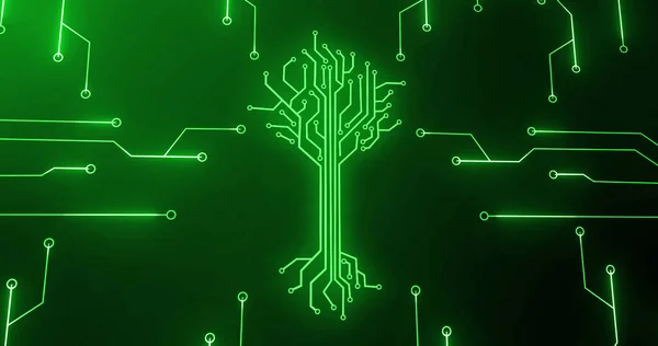 Image of integrated circuit and digital tree on green background. Computers, connections, hardware and technology concept digitally generated image.