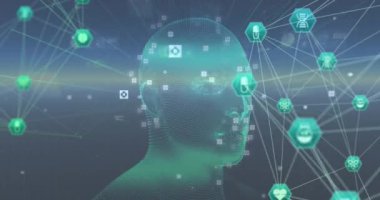 İnsan kafası modeli üzerinden bağlantı ağının animasyonu. Küresel bilim, bağlantılar, veri işleme ve dijital arayüz kavramı dijital olarak oluşturulmuş video.