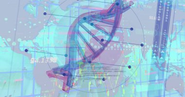 Veri işleme ve dünya haritasının üzerindeki DNA iplikçikleri. Küresel bilim, bilgisayar ve dijital arayüz kavramı dijital olarak oluşturulmuş görüntü.