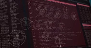 Koyu arkaplanda veri işleme üzerine düşen simgelerin resmi. Küresel bilim, bağlantılar, veri işleme ve dijital arayüz kavramı dijital olarak oluşturuldu.