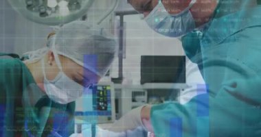 Stock market data processing over male and female surgeons performing operation at hospital. Medical healthcare and technology concept