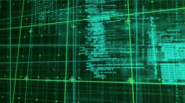 Animation of green data processing over grid. global computing, data processing and digital interface concept digitally generated video.