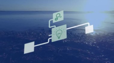 Gün batımında şehir manzarası ve deniz manzarası üzerinde teknoloji simgelerinin canlandırılması. küresel ağ, veri işleme ve teknoloji konsepti dijital olarak oluşturulmuş video.
