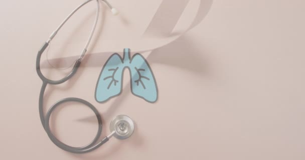 Stetoskop Üzerinde Akciğer Animasyonu Pembe Arka Planda Kurdele Akciğer Kanseri — Stok video