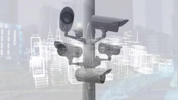 Animação Câmeras Segurança Sobre Cidade Metaversa Conceito Segurança Tráfego Tecnologia — Vídeo de Stock