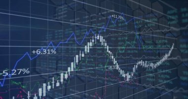 Borsada kara fon üzerinden finansal veri işleme görüntüsü. Küresel finansman, bilgisayar ve dijital arayüz kavramı dijital olarak oluşturulmuş görüntü.