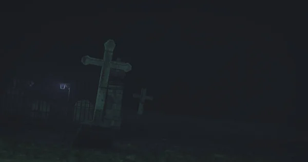 Image of graves on cemetery at night. Death, horror, fright and halloween concept digitally generated image.