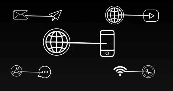 Image of smartphone and connections with tech icons on black background. Global network, connections, communication and technology concept digitally generated image.