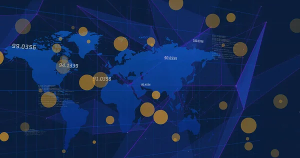 Image of data processing over world map. Global business and digital interface concept digitally generated image.