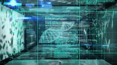 Farklı veri işleme ve DNA 'ların dijital ekranlarda, siyah arkaplanda canlandırılması. Bilim, insan biyolojisi, veri işleme ve teknoloji konsepti dijital olarak oluşturulmuş video.