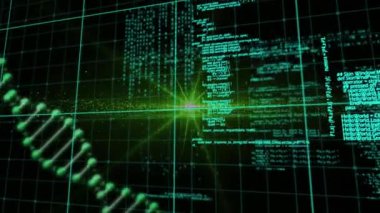Animation of data processing over dna strand spinning. global science, research, digital interface and data processing concept digitally generated video.