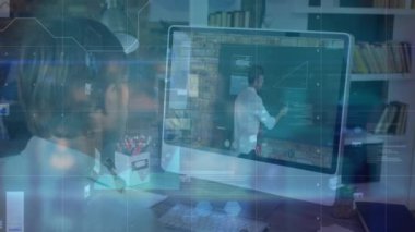 Animation of graphs over caucasian man having video call on laptop. Network, connections, communication and technology concept digitally generated video.