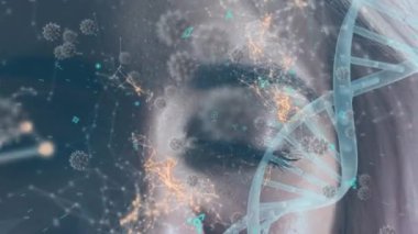 DNA yapısı, bağlantılar ağı ve gözleri kapalı kadınlara karşı covid-19 hücreleri. Tıbbi araştırma ve bilim teknolojisi kavramı