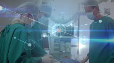 Animation of connections over caucasian surgeons during operation. health, medical profession, connections and technology concept digitally generated video.