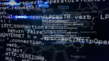 Siyah arka planda çeşitli veri işleme ve DNA 'ların animasyonu. Bilim, insan biyolojisi, veri işleme ve teknoloji konsepti dijital olarak oluşturulmuş video.