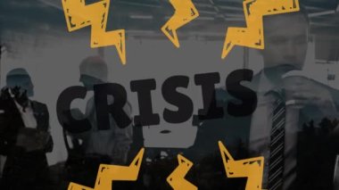Animation of crisis and flashes over diverse businesspeople in office. Politics, business and crisis concept digitally generated video.