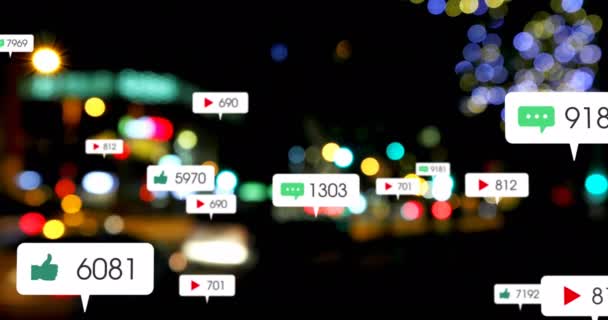 Animation Social Media Icons Numbers Out Focus City Lights Global — Vídeo de stock