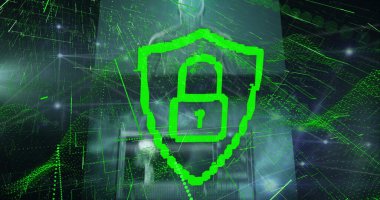 Bağlantı ve veri işleme ağı üzerinde asma kilit simgesi resmi. Küresel teknoloji, bilgisayar ve dijital arayüz kavramı dijital olarak oluşturulmuş görüntü.