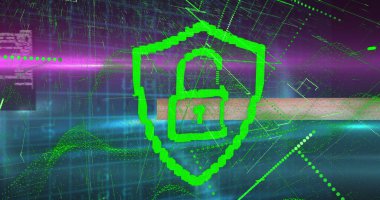 Bağlantı ve veri işleme ağı üzerinde asma kilit simgesi resmi. Küresel teknoloji, bilgisayar ve dijital arayüz kavramı dijital olarak oluşturulmuş görüntü.