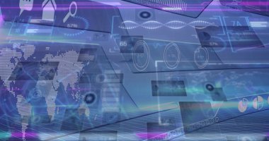 Mavi arkaplan üzerindeki veri işleme ve bağlantı ağının resmi. Küresel bağlantılar, veri işleme ve dijital arayüz konsepti dijital olarak oluşturulmuş resim.