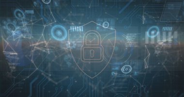 Mavi arka planda veri işleme ve güvenlik kilidi görüntüsü. Küresel bağlantılar, veri işleme ve dijital arayüz konsepti dijital olarak oluşturulmuş resim.