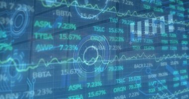 Yeşil arka planda tarama yapan borsa görüntüsü. Küresel finansman, bilgisayar ve dijital arayüz kavramı dijital olarak oluşturulmuş görüntü.