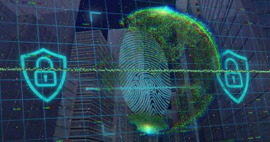 Veri işleme ve şehrin her yerinde asma kilit simgeleriyle parmak izi olan dünya resmi. Küresel teknoloji, bilgisayar ve dijital arayüz kavramı dijital olarak oluşturulmuş görüntü.