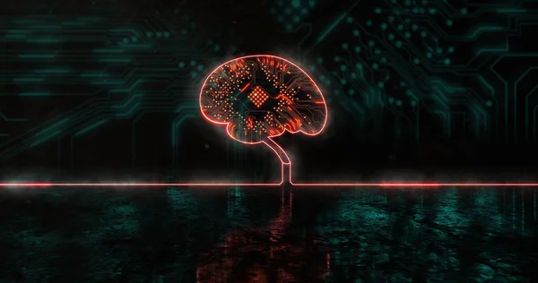Image of glowing orange human brain over blue processor socket. Global science, connections, data processing and digital interface concept digitally generated image.