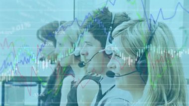 Animation of financial graphs and data over caucasian female and male call center workers. Business, call center, finance and economy concept digitally generated video.