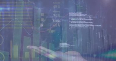 Animation of financial data over hands of caucasian man with globe. Finance, economy and business concept digitally generated video.