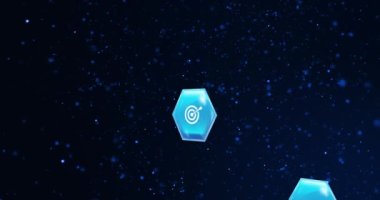 Mavi arka plandaki yıldızların üzerinde mavi altıgenler üzerinde eğitim ve öğrenme simgelerinin canlandırılması. Küresel öğrenme, eğitim ve dijital arayüz kavramı dijital olarak oluşturulmuş video.