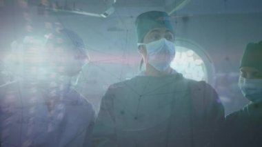 Kafkasyalı kadın doktor üzerinden bağlantı ağının animasyonu. Dijital olarak üretilen covid pandemik konsept sırasında küresel tıp sağlık hizmetleri.