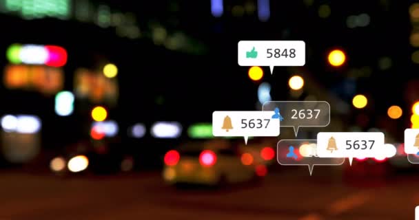 Animation Social Media Icons Numbers Out Focus City Lights Global — ストック動画