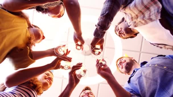 Caucasian Woman Praying Low Angle View Diverse Office Colleagues Toasting — Stok video