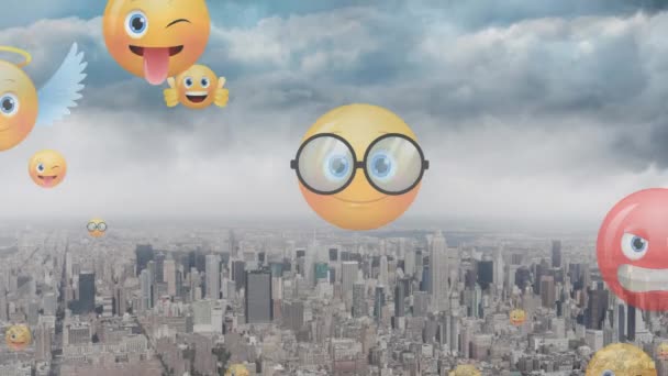 Multiple Face Emojis Floating Aerial View Cityscape Social Media Networking — Αρχείο Βίντεο
