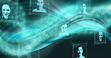 İnsanların ışık yollarında portre çizdiği veri işleme görüntüsü. Küresel teknoloji, bilgisayar ve dijital arayüz kavramı dijital olarak oluşturulmuş görüntü.